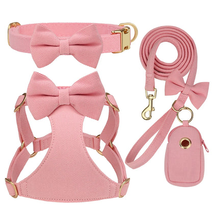 BowTie Charm 4-Piece Walking Set – Soft Vest Harness, Collar, Leash, and Poop Bag Holder