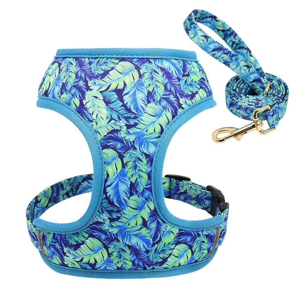 VibrantVibe Floral Mesh Harness, Collar, and Leash Set – Breathable No-Pull Walking Comfort with Engravable ID