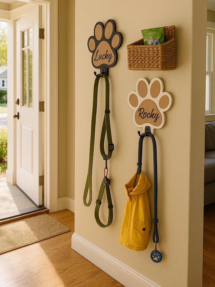 PawCharm Custom Wooden Leash & Collar Holder – Wall Mount Organizer