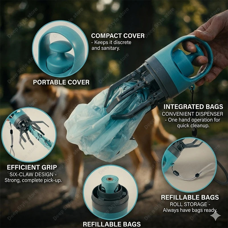 PawScoop Portable Six-Claw Waste Grabber – Handheld Fecal Dispenser with Built-In Garbage Bag