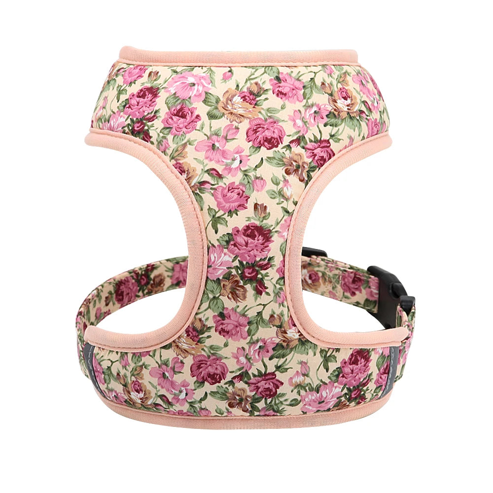 VibrantVibe Floral Mesh Harness, Collar, and Leash Set – Breathable No-Pull Walking Comfort with Engravable ID