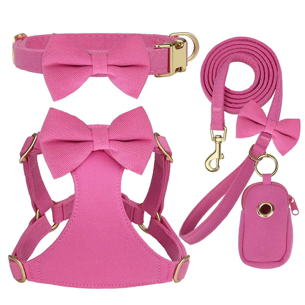 BowTie Charm 4-Piece Walking Set – Soft Vest Harness, Collar, Leash, and Poop Bag Holder