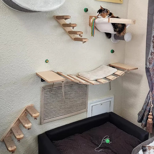 WhiskerWonder Wall-Mounted Cat Playground - Wooden Climbing Shelves & Sisal Scratcher
