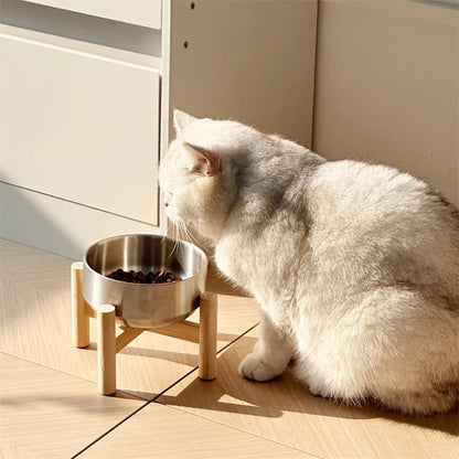 Ergonomic Elevated Pet Bowl – 304 Stainless Steel & Eco-Wood Stand Feeder