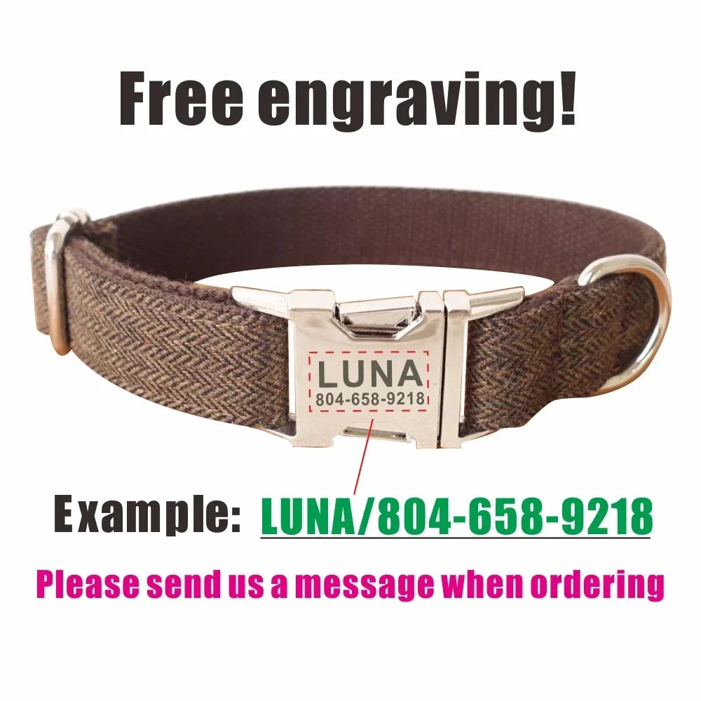 Personalized Plaid Dog Collar & Leash Set with Engraved ID Tag - Style Meets Safety