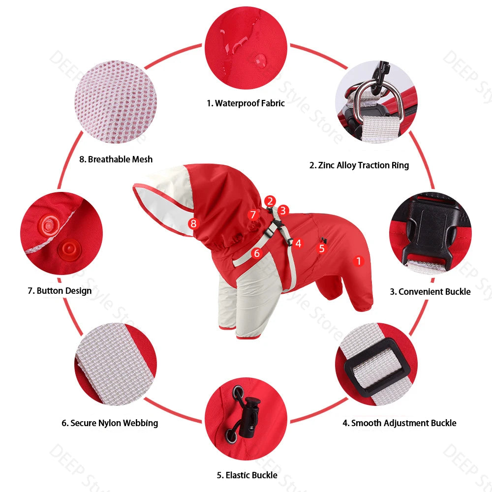 StormGuard Four-Legged Waterproof Raincoat – Full-Body Windproof Pet Poncho with Hood