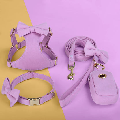 BowTie Charm 4-Piece Walking Set – Soft Vest Harness, Collar, Leash, and Poop Bag Holder