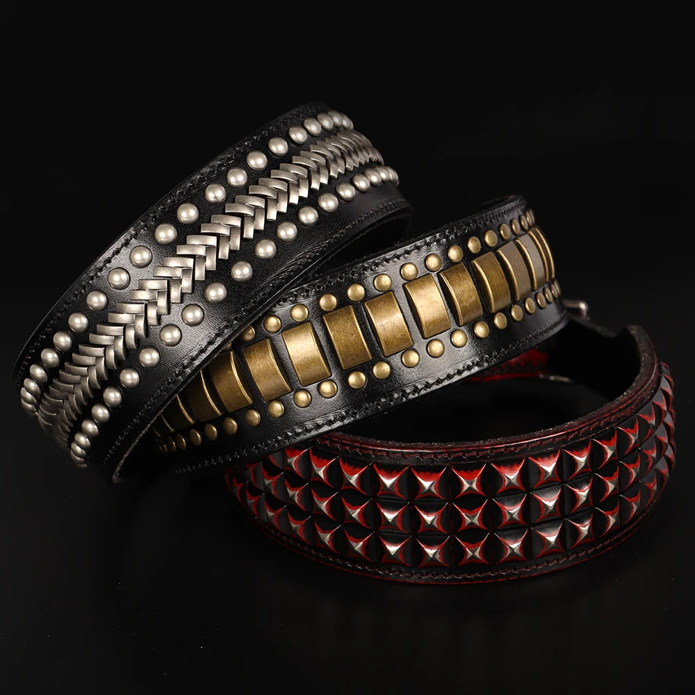 TitanStride Luxury Genuine Leather Dog Collar – Heavy-Duty Metal Rivet Neck Protection for Medium and Large Breeds