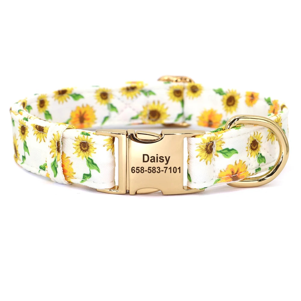 BlossomBuzz Personalized Nylon Dog Collar – Floral & Bee Print with Custom Pet ID