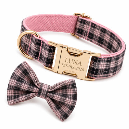 PlaidPaws Personalized Bow Tie Collar Set – Vintage Charm with Custom Engraved Gold Hardware