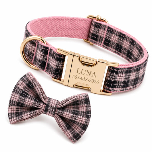 PlaidPaws Personalized Bow Tie Collar Set – Vintage Charm with Custom Engraved Gold Hardware