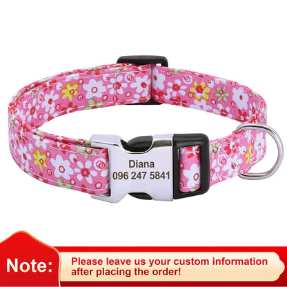 Blossom Charm: Personalized Floral Dog Collar with Engraved ID Tag