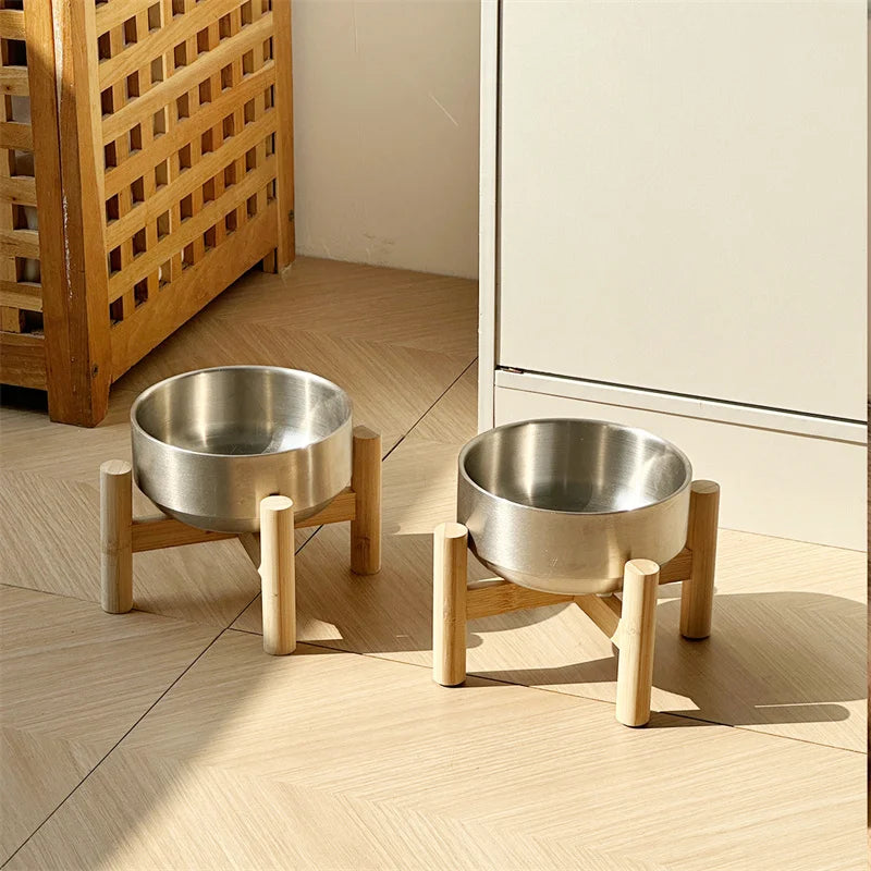 Ergonomic Elevated Pet Bowl – 304 Stainless Steel & Eco-Wood Stand Feeder