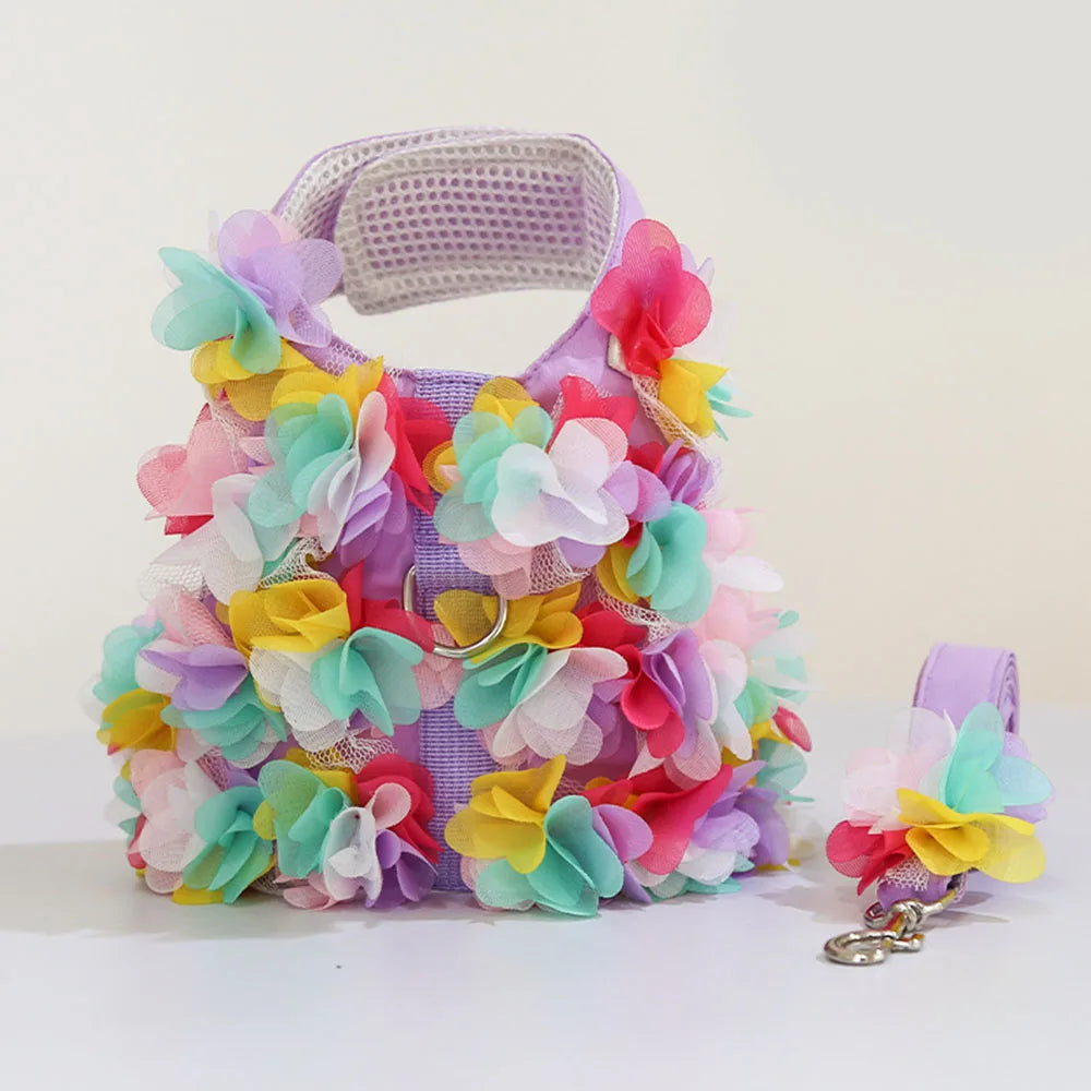 FloraCharm Luxury No-Pull Vest Harness & Leash Set – Breathable Mesh Floral Puppy Safety Vest