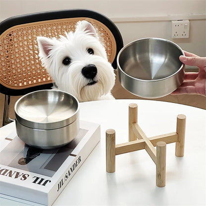 Ergonomic Elevated Pet Bowl – 304 Stainless Steel & Eco-Wood Stand Feeder