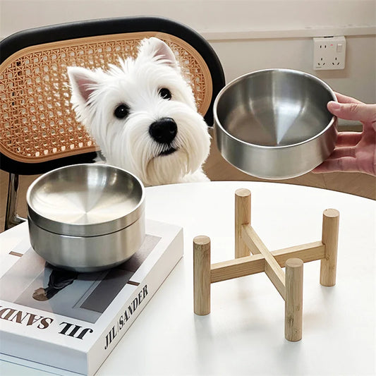 Ergonomic Elevated Pet Bowl – 304 Stainless Steel & Eco-Wood Stand Feeder