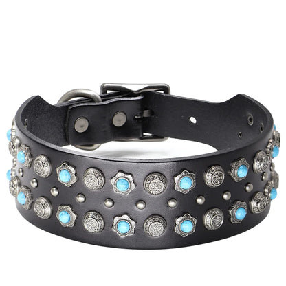 TitanStride Luxury Genuine Leather Dog Collar – Heavy-Duty Metal Rivet Neck Protection for Medium and Large Breeds