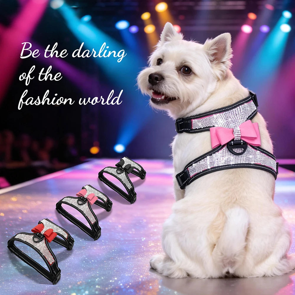 Rhinestone Reflective Dog Vest Harness – Elegant Bowknot Padded Comfort for Small and Medium Breeds