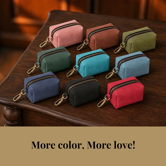 RetroChic Premium Leather Waste Bag Dispenser – Portable Zippered Poo Bag Holder with Leash Clip