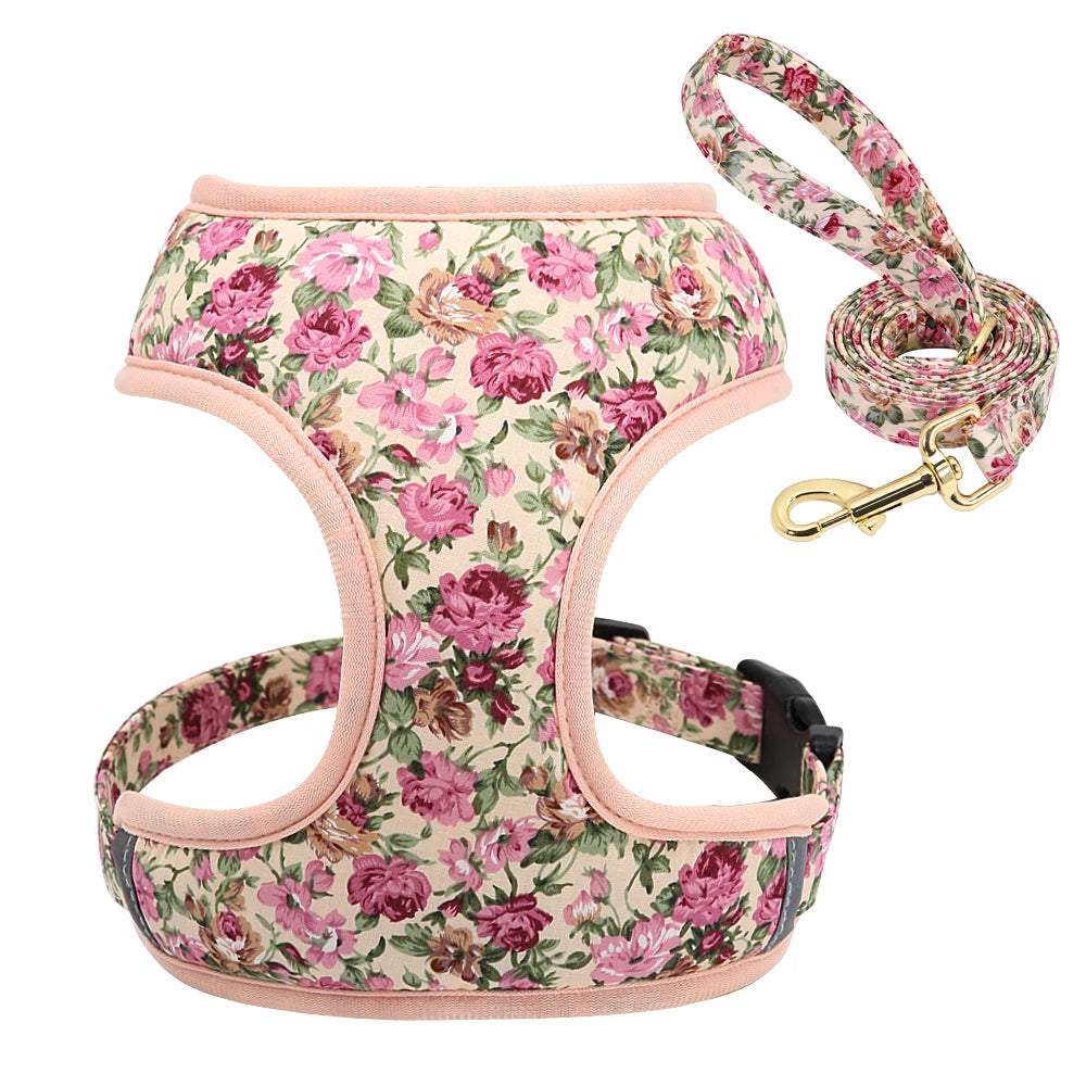 VibrantVibe Floral Mesh Harness, Collar, and Leash Set – Breathable No-Pull Walking Comfort with Engravable ID