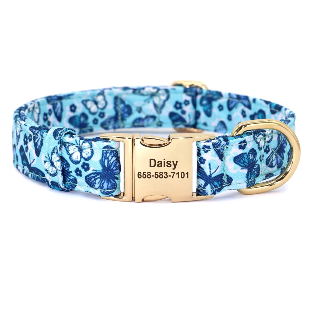 BlossomBuzz Personalized Nylon Dog Collar – Floral & Bee Print with Custom Pet ID