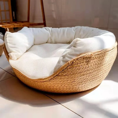 BambooBreeze Artisanal 4-Season Pet Bed – Eco-Friendly Hand-Woven Nest with Waterproof Removable Cushion