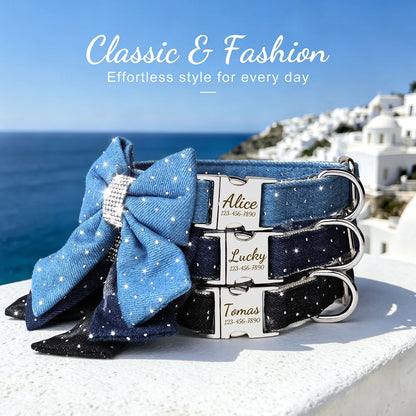 DenimDazzle Personalized Bow Dog Collar - Classic Denim Style with Custom Engraving