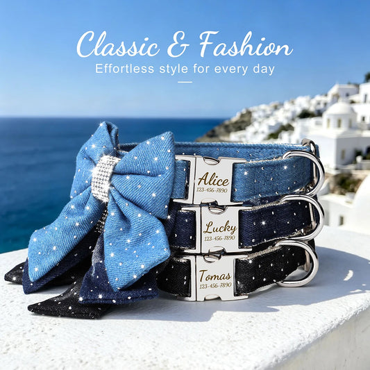 DenimDazzle Personalized Bow Dog Collar - Classic Denim Style with Custom Engraving