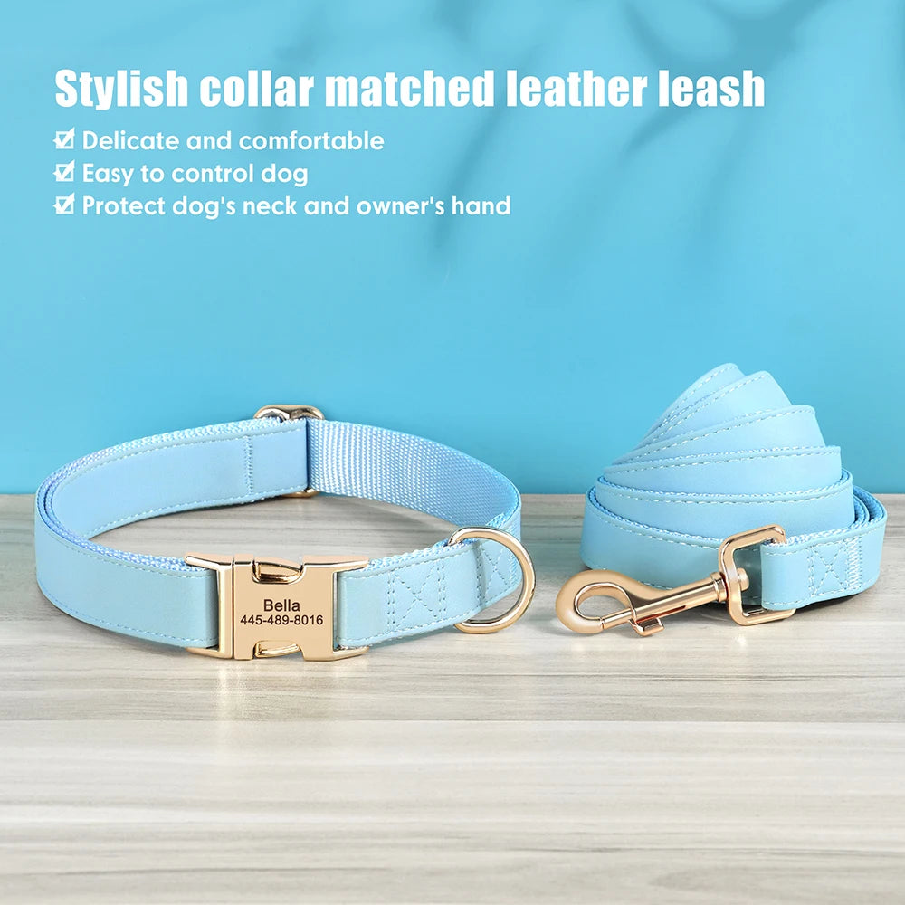 Personalized PU Leather Dog Collar & Leash Set - Durable Elegance for Every Pup