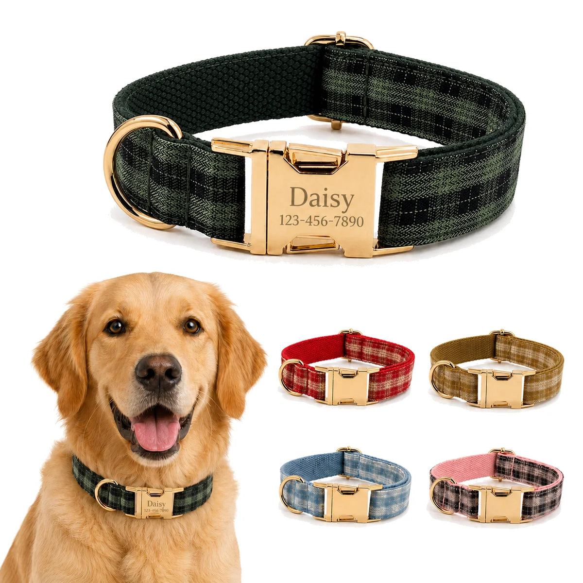 PlaidPaws Personalized Bow Tie Collar Set – Vintage Charm with Custom Engraved Gold Hardware