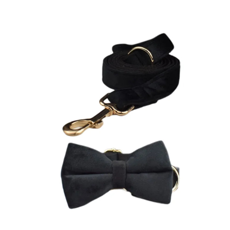 VelvetVogue Royal Black Velvet Collar, Harness & Leash Set – Luxury Custom Engraved Walking Collection with Detachable Bow Tie & Flower