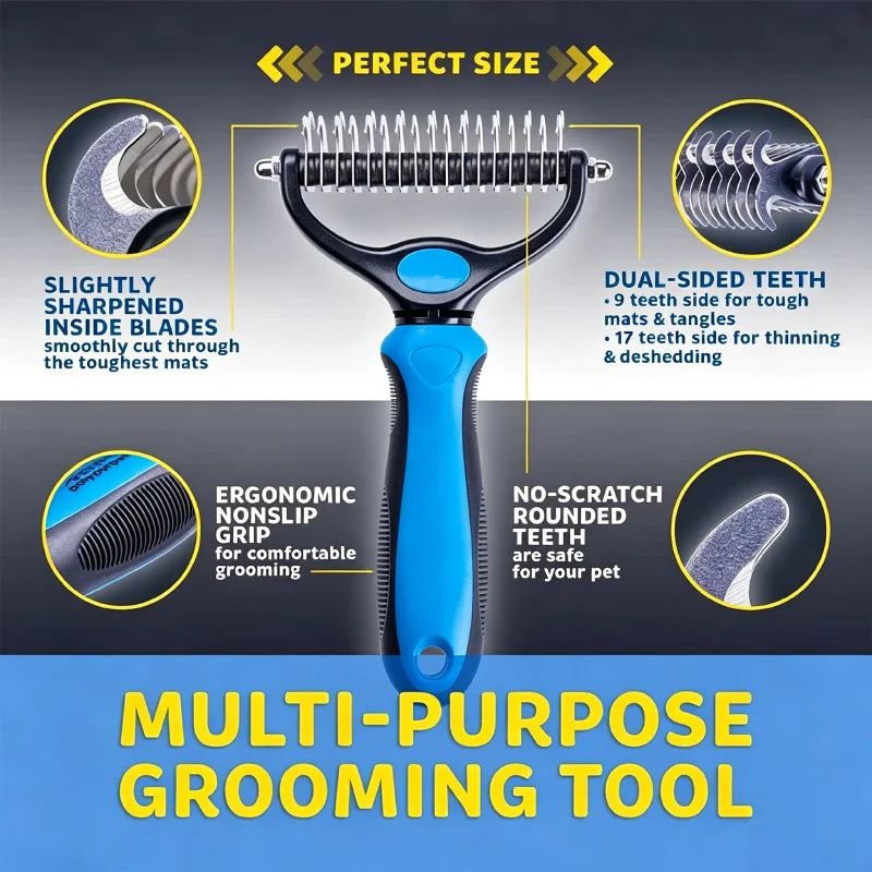 Dual-Action Pet Grooming Comb – Professional Stainless Steel Detangler & Undercoat Tool