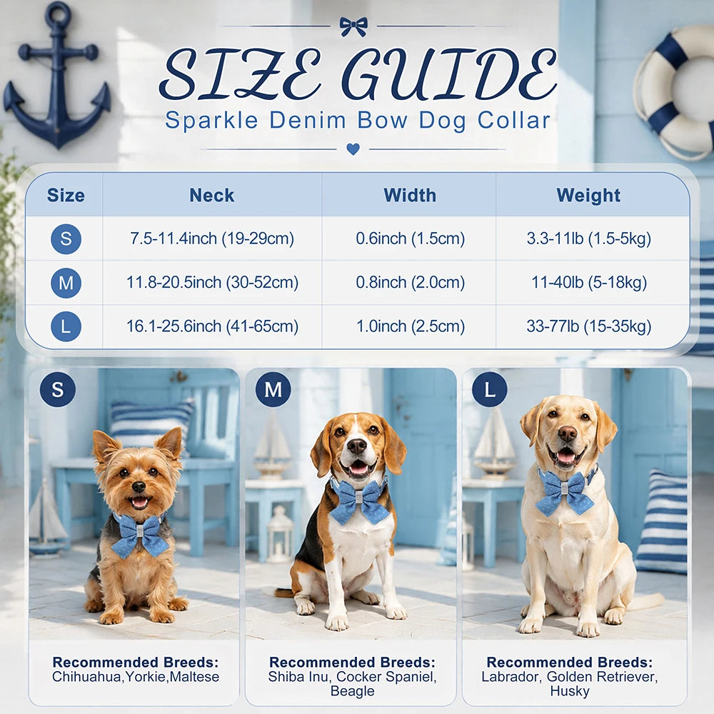 DenimDazzle Personalized Bow Dog Collar - Classic Denim Style with Custom Engraving