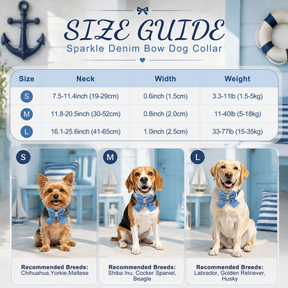DenimDazzle Personalized Bow Dog Collar - Classic Denim Style with Custom Engraving