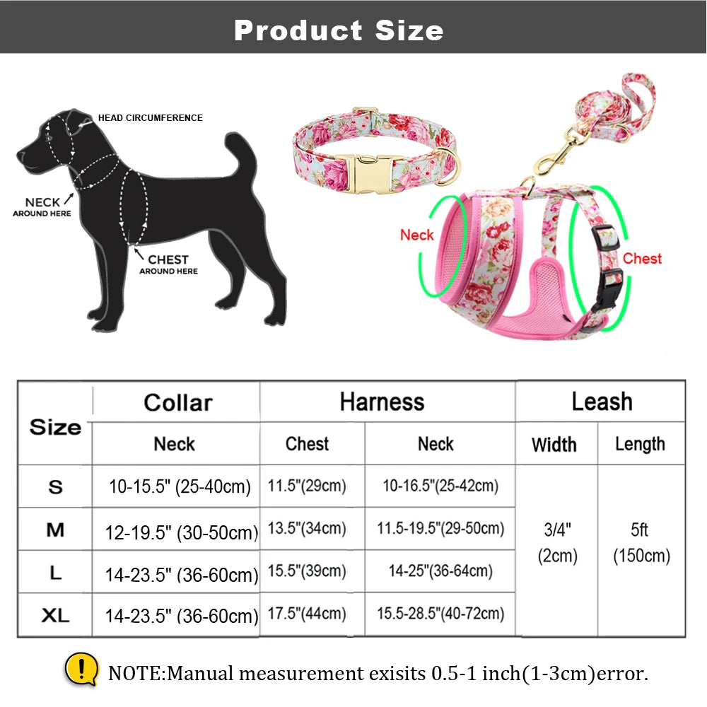 VibrantVibe Floral Mesh Harness, Collar, and Leash Set – Breathable No-Pull Walking Comfort with Engravable ID