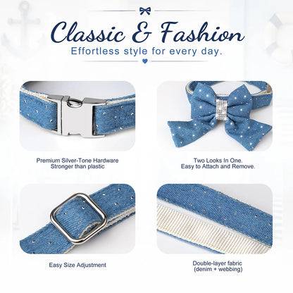 DenimDazzle Personalized Bow Dog Collar - Classic Denim Style with Custom Engraving