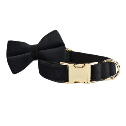 VelvetVogue Royal Black Velvet Collar, Harness & Leash Set – Luxury Custom Engraved Walking Collection with Detachable Bow Tie & Flower