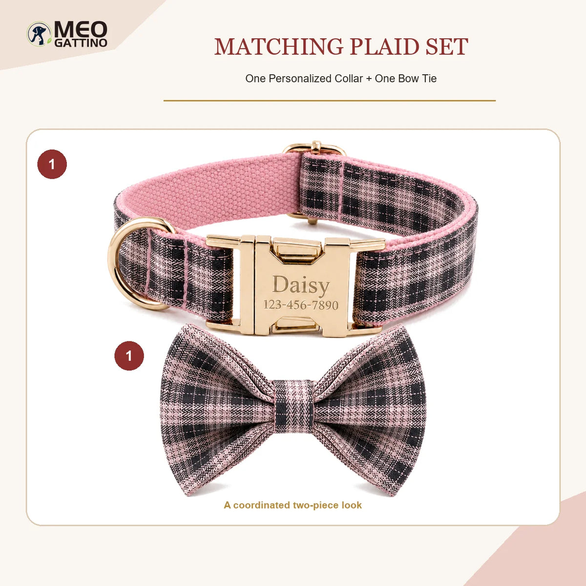 PlaidPaws Personalized Bow Tie Collar Set – Vintage Charm with Custom Engraved Gold Hardware