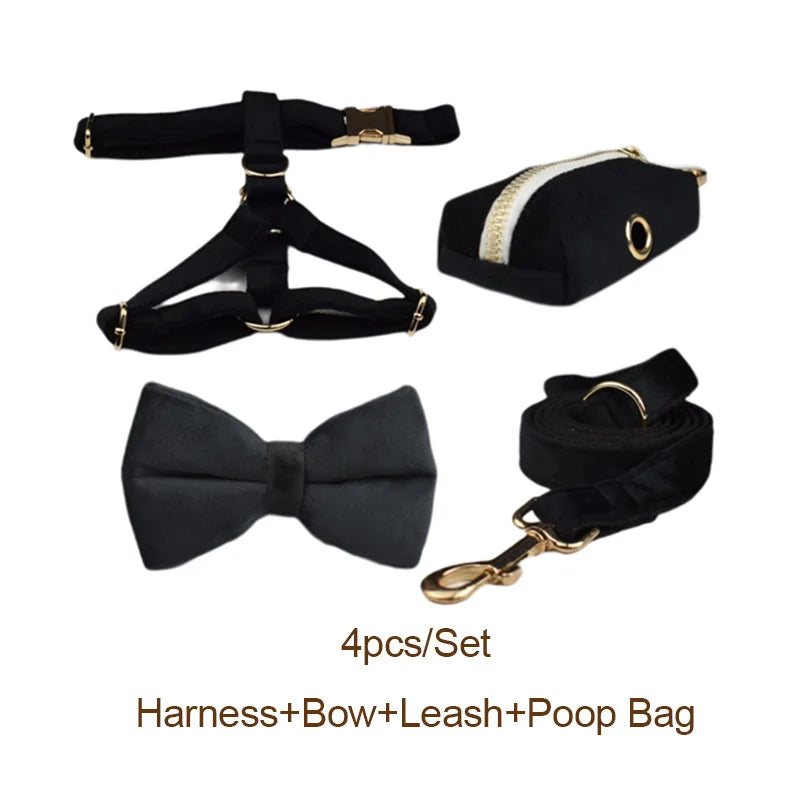 VelvetVogue Royal Black Velvet Collar, Harness & Leash Set – Luxury Custom Engraved Walking Collection with Detachable Bow Tie & Flower
