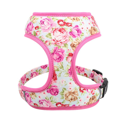 VibrantVibe Floral Mesh Harness, Collar, and Leash Set – Breathable No-Pull Walking Comfort with Engravable ID