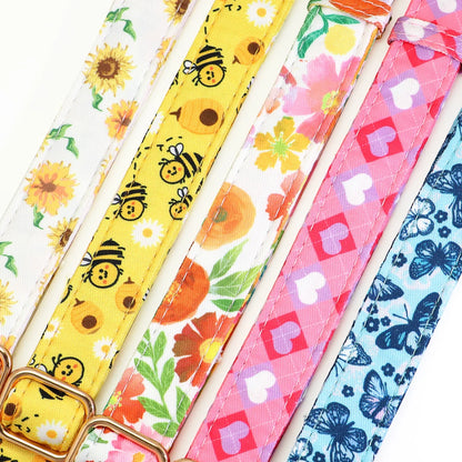 BlossomBuzz Personalized Nylon Dog Collar – Floral & Bee Print with Custom Pet ID
