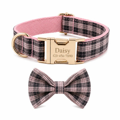PlaidPaws Personalized Bow Tie Collar Set – Vintage Charm with Custom Engraved Gold Hardware