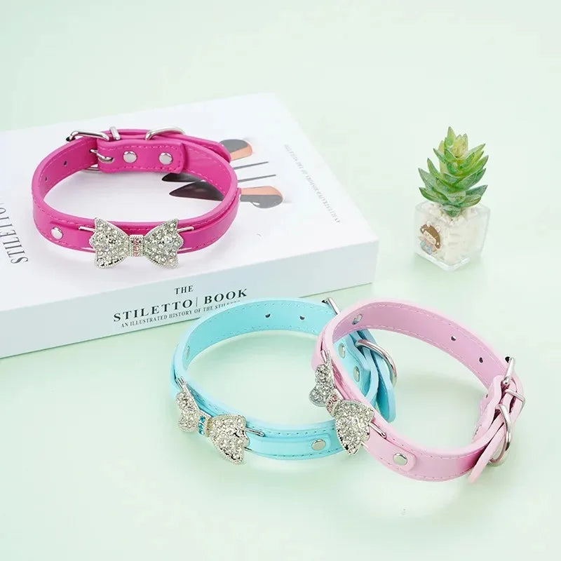 SparkleBow Premium PU Leather Collar – Glamorous Rhinestone Bowknot Accent for Dogs and Cats
