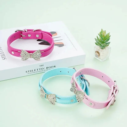 SparkleBow Premium PU Leather Collar – Glamorous Rhinestone Bowknot Accent for Dogs and Cats