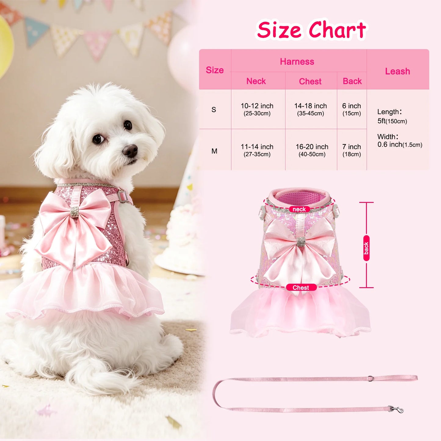 PrincessGlow Glitter Dress Harness & Leash Set – Sparkling Elegance for Special Occasions