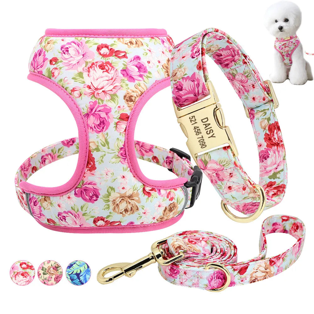 VibrantVibe Floral Mesh Harness, Collar, and Leash Set – Breathable No-Pull Walking Comfort with Engravable ID