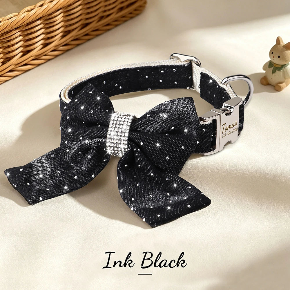 DenimDazzle Personalized Bow Dog Collar - Classic Denim Style with Custom Engraving
