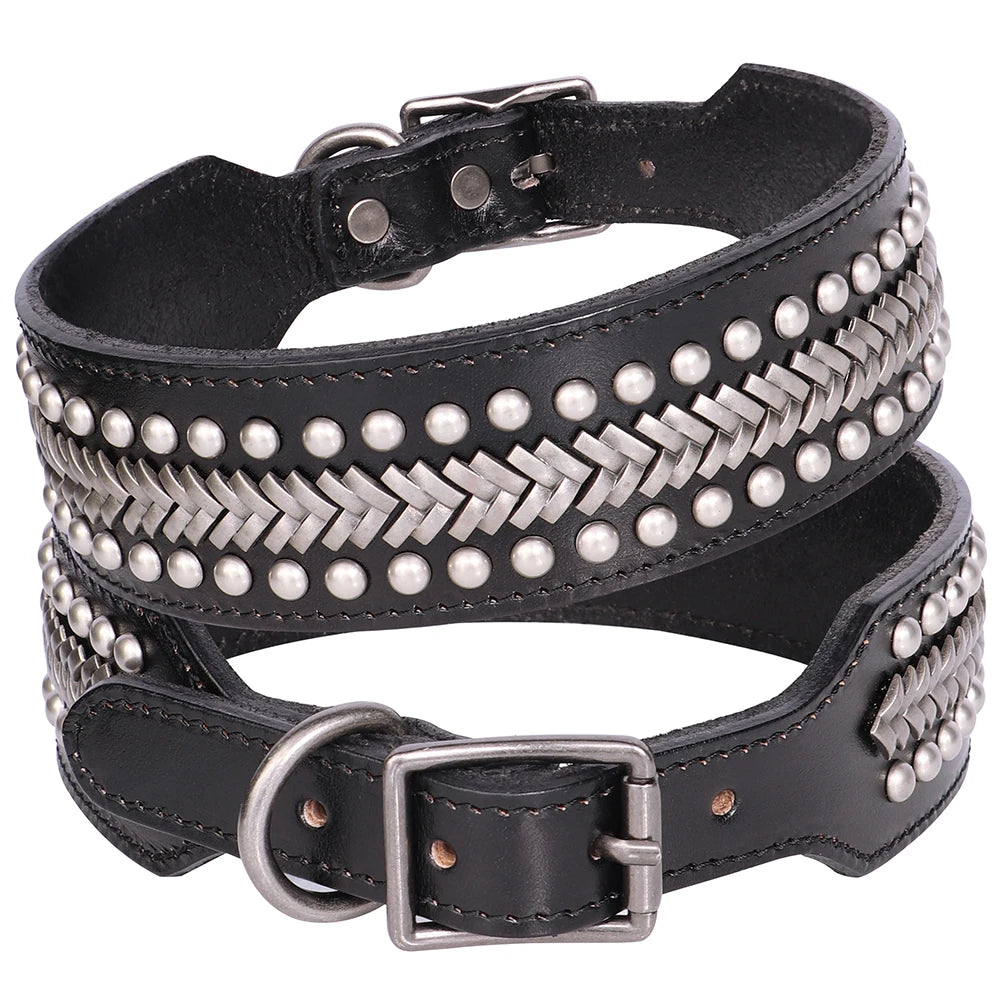TitanStride Luxury Genuine Leather Dog Collar – Heavy-Duty Metal Rivet Neck Protection for Medium and Large Breeds