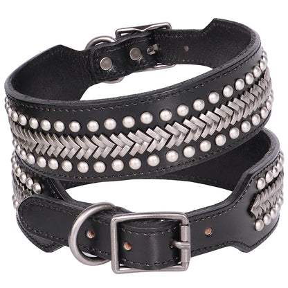 TitanStride Luxury Genuine Leather Dog Collar – Heavy-Duty Metal Rivet Neck Protection for Medium and Large Breeds
