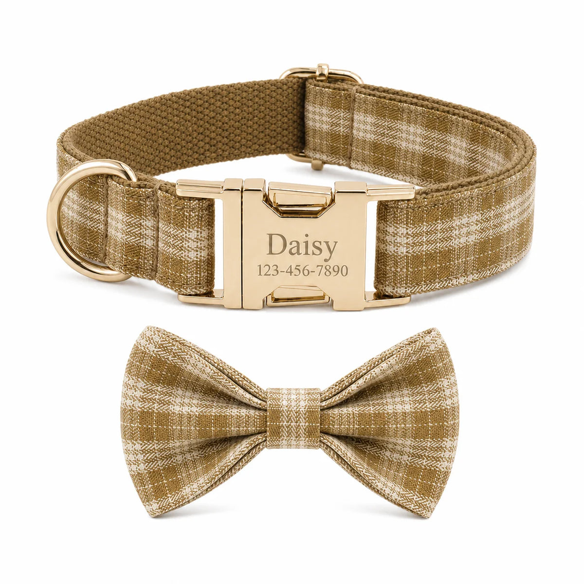 PlaidPaws Personalized Bow Tie Collar Set – Vintage Charm with Custom Engraved Gold Hardware